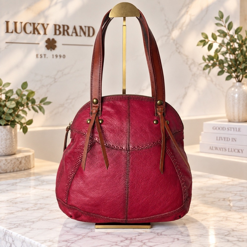Lucky Brand Red Pebbled Leather Shoulder Bag Tote Boho Western Brass Hardware